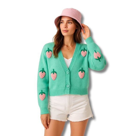 Luna Ivy 3D Knit Strawberry V-Neck Cardigan Sweater, Mint / Sea Foam Green M - Picture 1 of 9